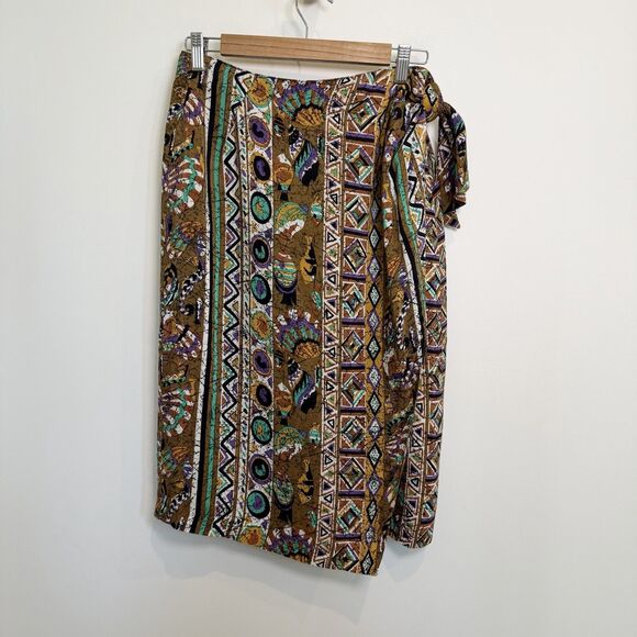 Lasserre Paris Wrap Skirt Women Size 42 Brown Tribal Aztec Artsy Fish Geometric - Picture 1 of 13